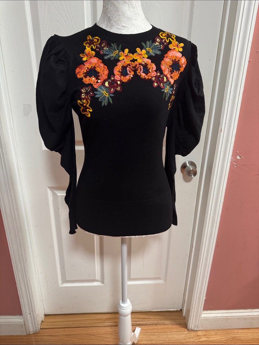 Karen Millen Black Knit Sweater with Orange Floral Embroidery